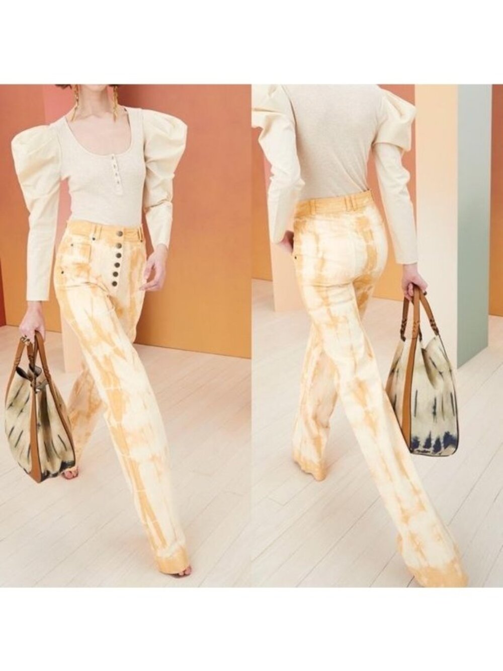 Ulla Johnson Milo Jean in Wheat Tie Dye Wide Leg Button Front High Waist Trouse